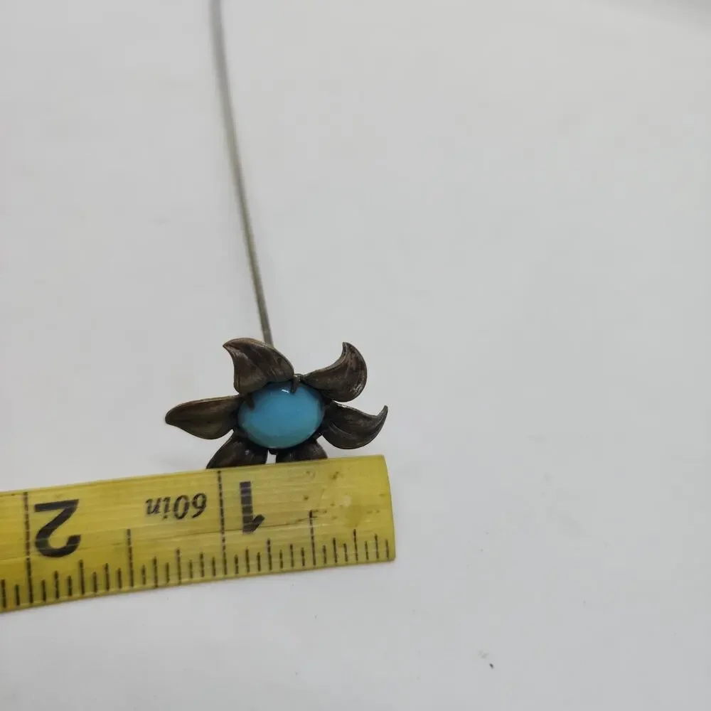 Vintage Long Stem Flower Stick Pin Turquoise Blue Cabochon Hat Lapel Floral